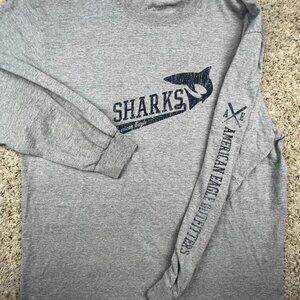American Eagle AE Men's Large Gray Sharks Logo Long Sleeve Cotton T-Shirt
